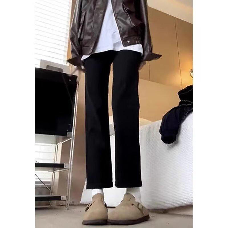 Women's Black High-Waisted Straight-Leg Jeans - Slimming, Elastic, Cropped Cigarette Pants for Spring & Autumn
