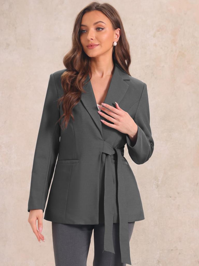 Allegra K Women's Single-Button Blazer, Office Lapel, Long Sleeve, Belted Jacket, Suit Blazer, Dark Gray, Size S