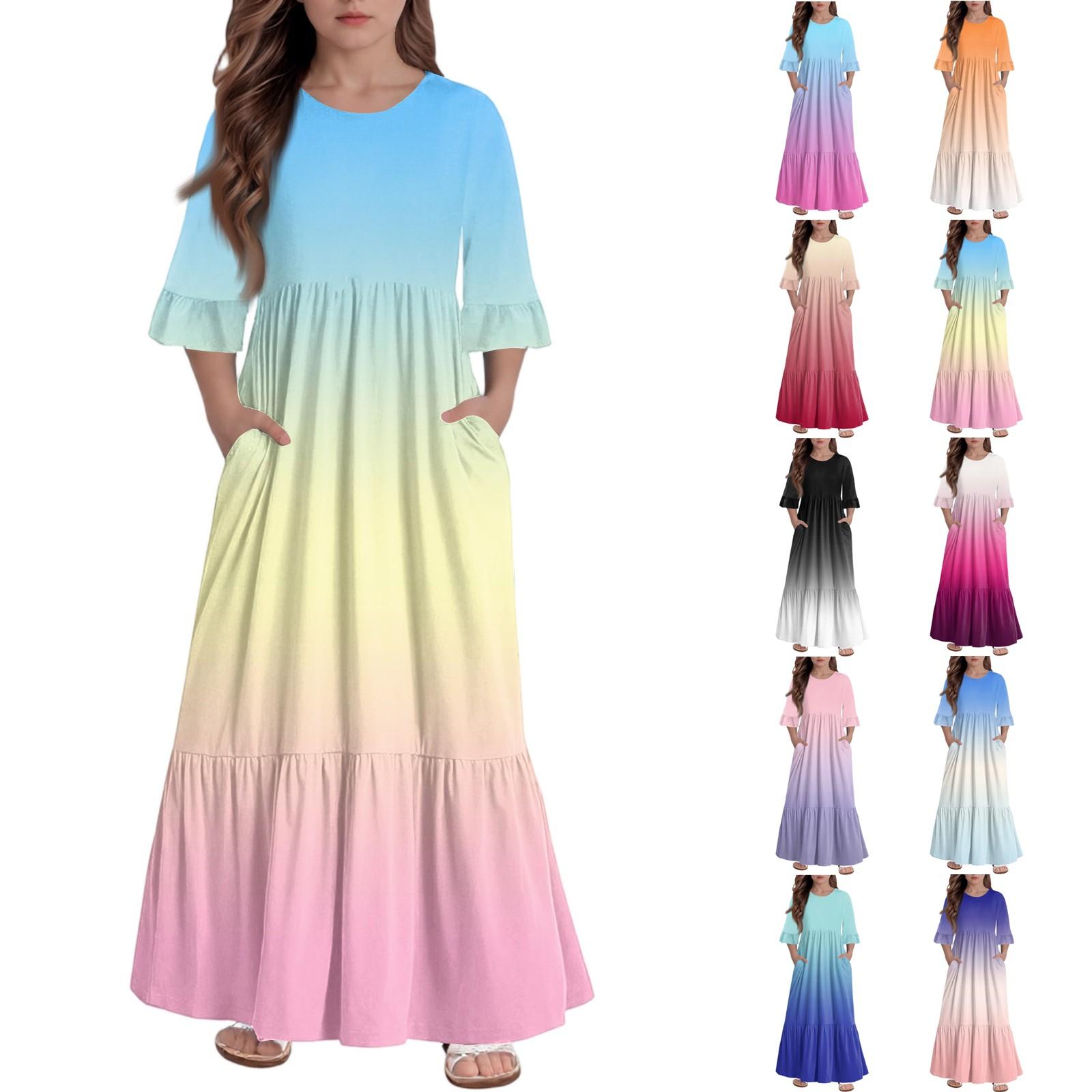 

Girls Tiered Ruffle Dress - 3/4 Sleeve Pocket Maxi With Pockets 160 кавун червоний колір