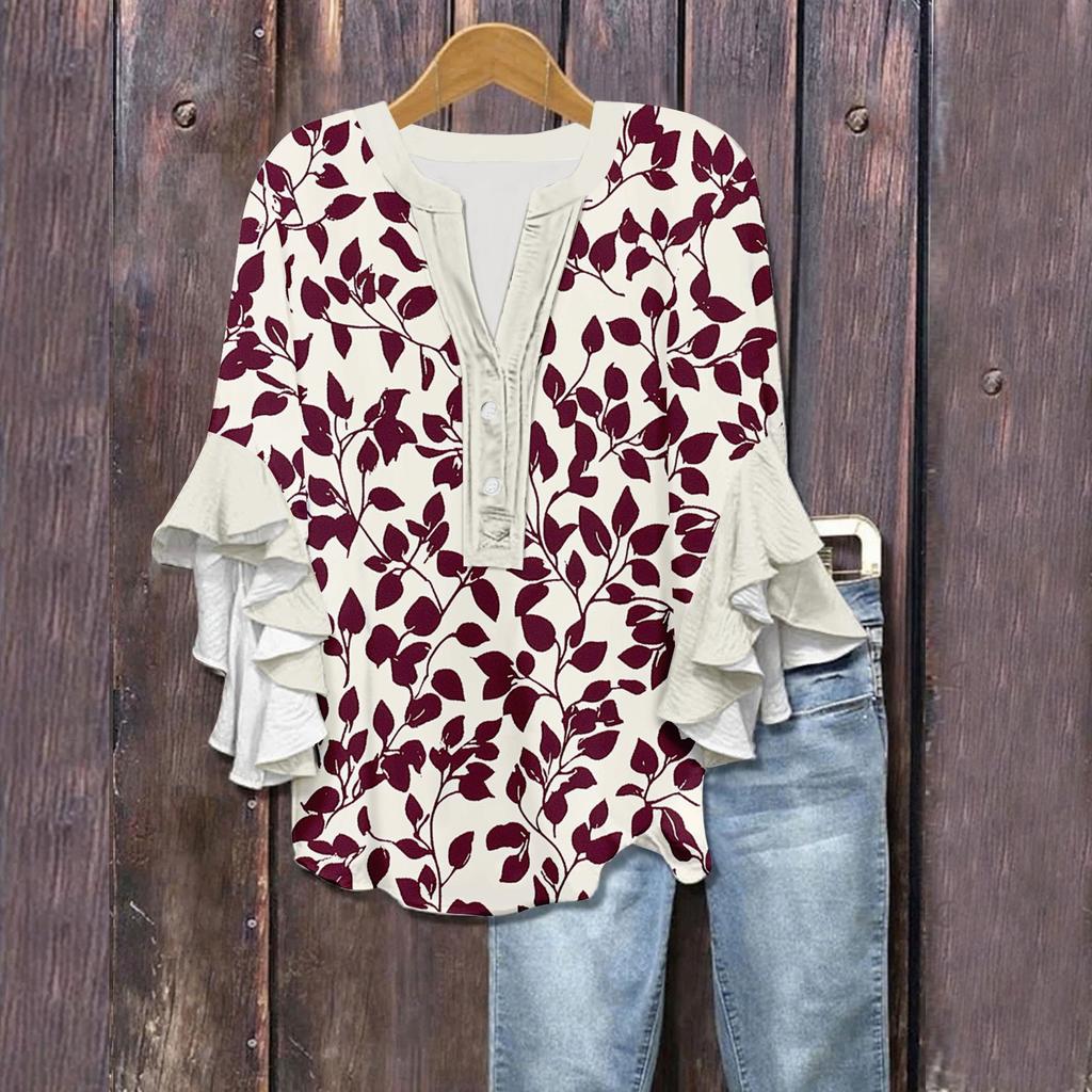 Women's Summer Tops V Neck Three-quarter Sleeves Floral Print Flowing Ruffle Sleeves Half-button Shirt