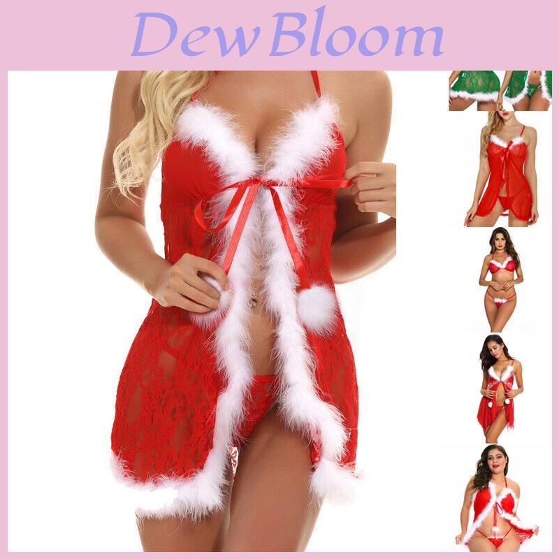 Luxurious Women Sexy Lingerie Red Babydoll Nightwear Santa Christmas Sleepwear G-string Set