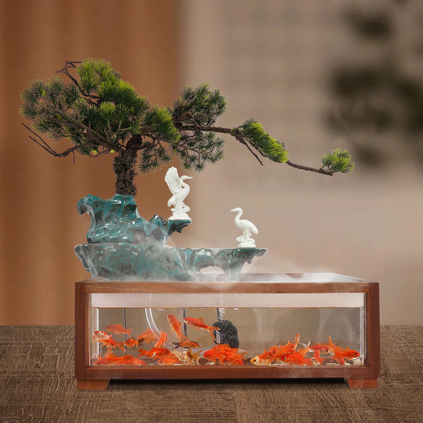 

Tabletop Iron Water Fountains,Green+ Wood Color Indoor Water Fountain with Fish Tank 48*25*17cm Fake Pine Cypress for Bedrooms
