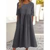 Damen Blau Rundhals Halbsleeve Hohe Taille Raffung Leinen Maxikleid Mit Taschen