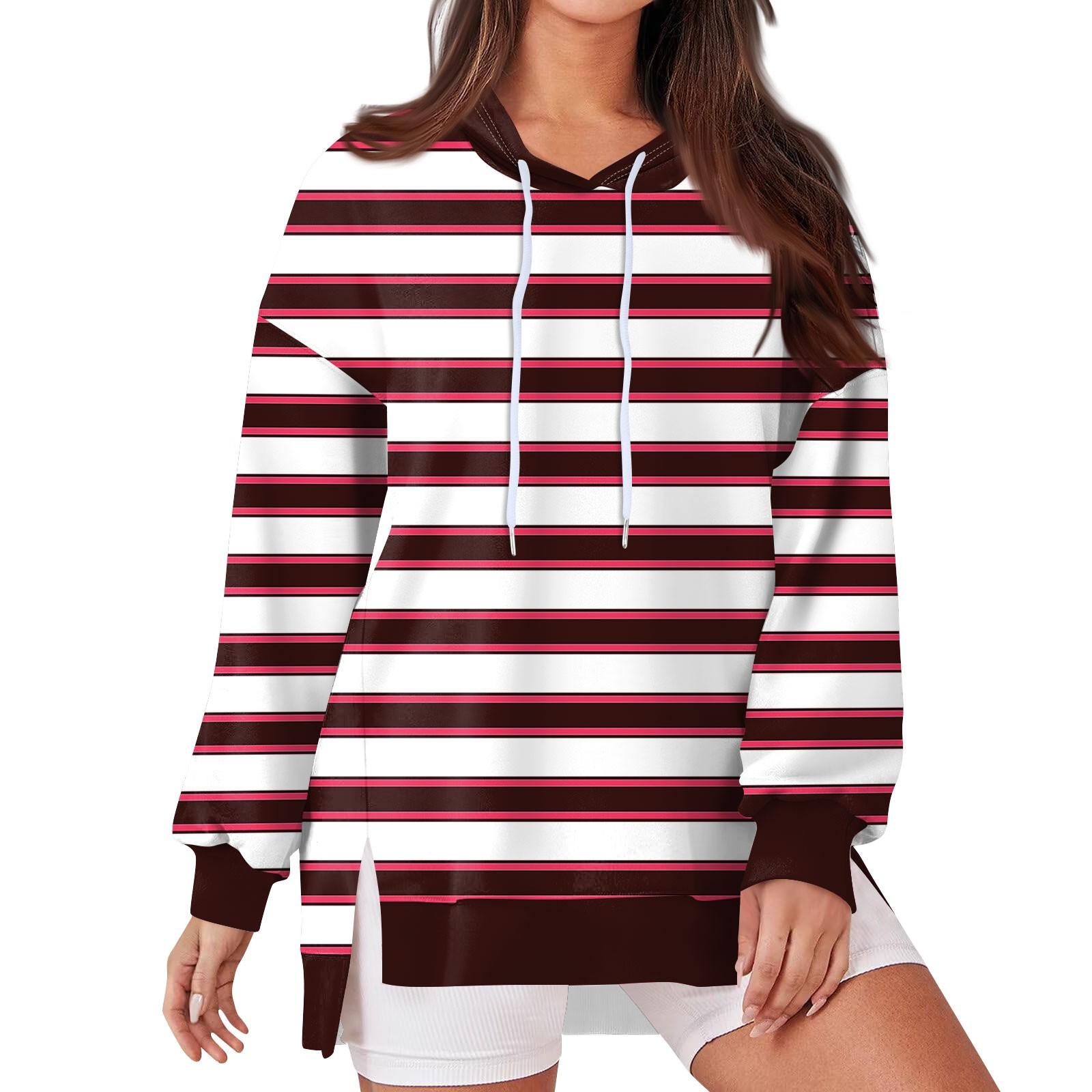 

Женская модная повседневная толстовка с капюшоном с длинными рукавами и завязками, полосатая лоскутная принтованная свободная толстовка с разрезом XL винный