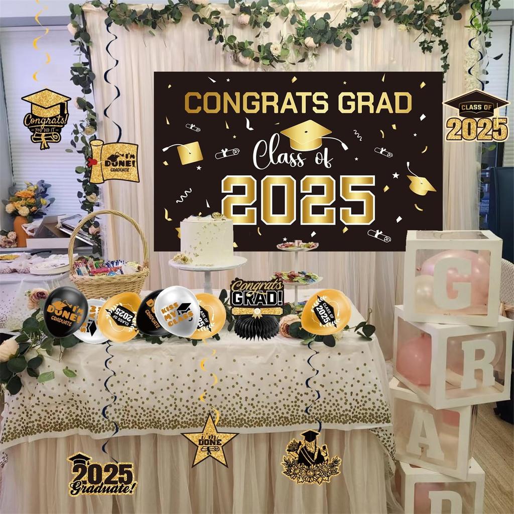 Graduation Decorations Blue Themed Set - Congrats Grad Banner, Class Of 2025 , Balloons & Streamers Kit - Complete Party Supplies For High School &