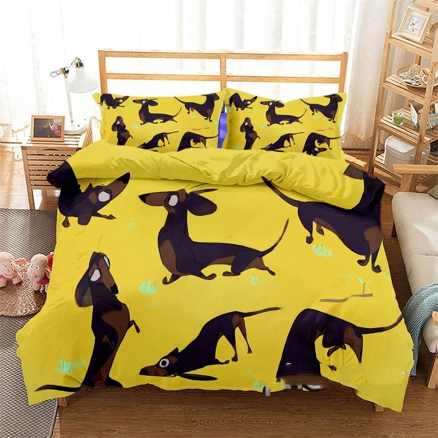 3D Digital Printing Three-Piece Set Cute Funny Dachshund Quilt Cover Pillowcase Bedding
