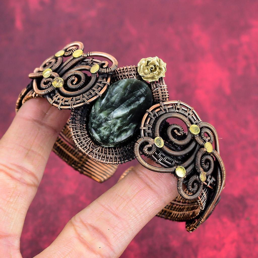 Seraphinite Gemstone Bangle Copper Wire Wrapped Cuff Bracelet Handmade Adjustable Bangle Wire Wrapped Jewelry Gifts for Mother Flower Bangle