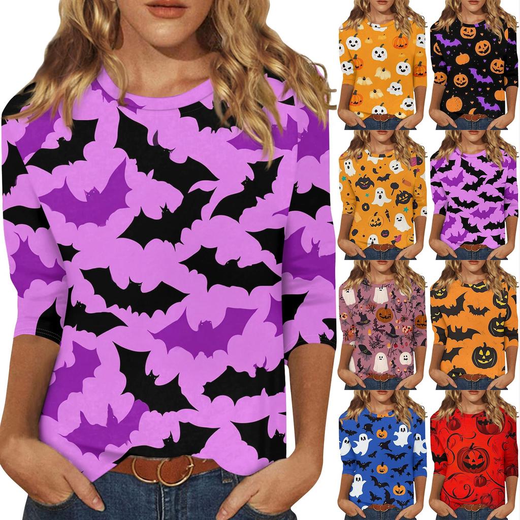 Damenmode Lässig Dreiviertelärmel Halloween-Print Rundhals-Top