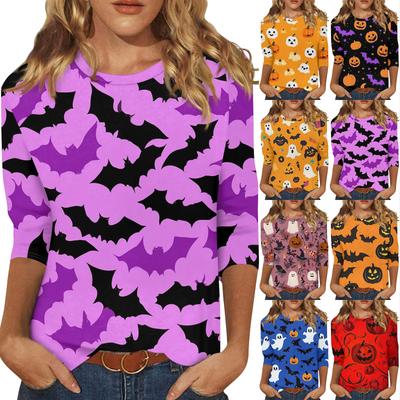Damesmode Casual Driekwartmouw Halloween Bedrukt Ronde Hals Top