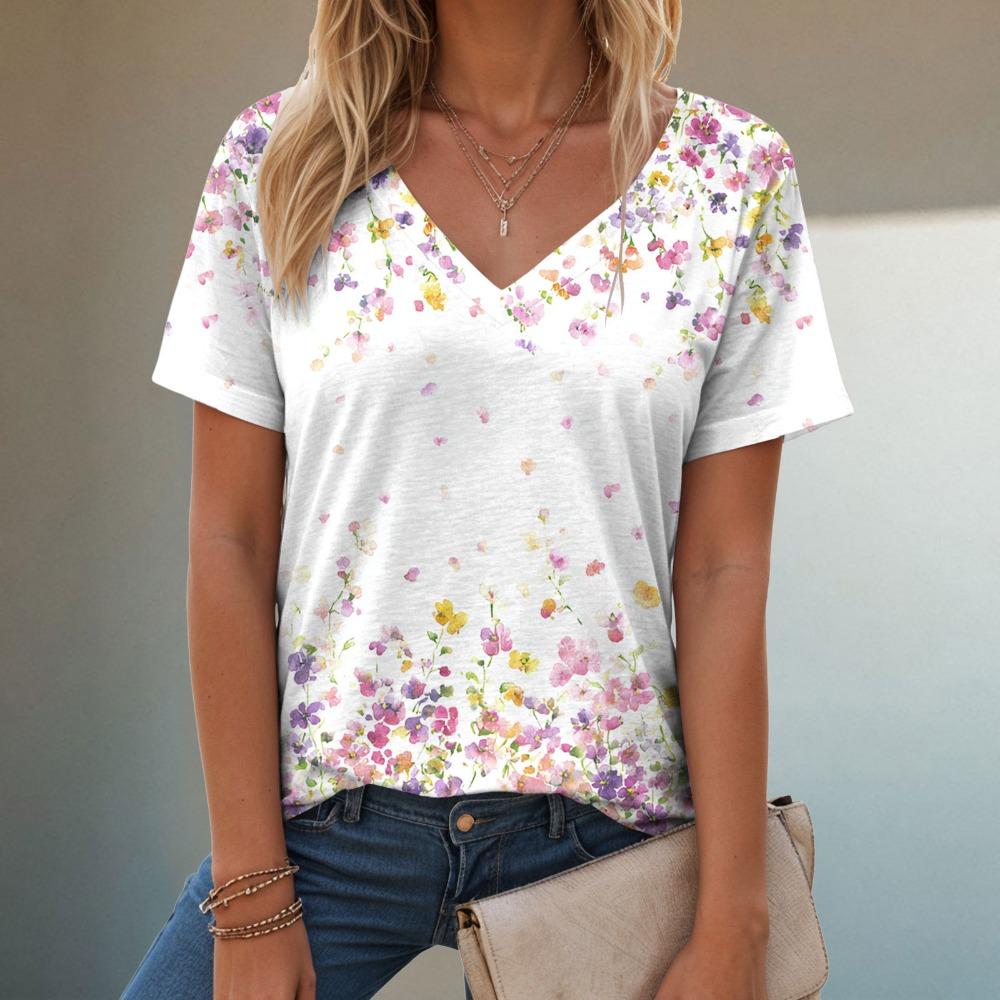 Women s V-neck floral butterfly print T-shirt short sleeved XS