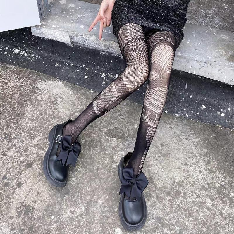 Gothic Lolita Girls Asymmetric AB Style Fishnet Tights Women Sexy Cross Patchwork Pattern Mesh Pantyhose Japan Punk Goth Hosiery