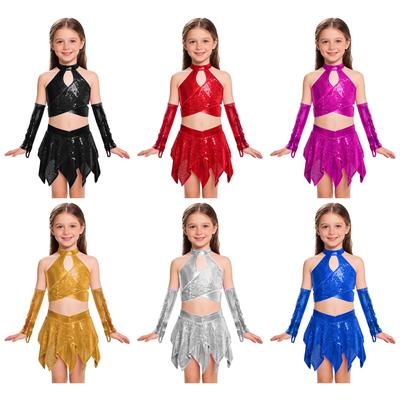 Girls Jazz Dance Performance Costume Cross Keyhole Sparkly Sequins Metallic Crop Top Asymmetric Skirt Set