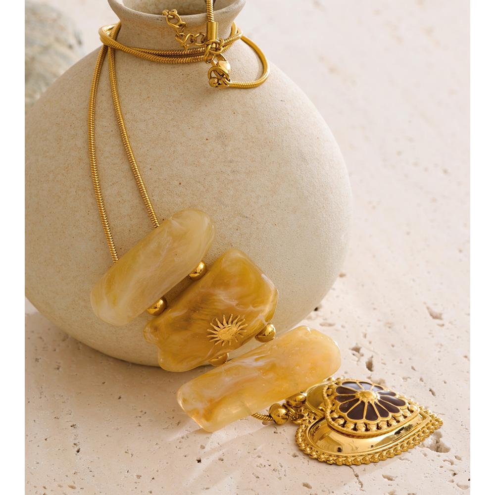 Eetit Exclusive Resin Imitation Stone Rectangle Heart Pendant Necklace Stainless Steel Fashion Statement Jewelry Waterproof