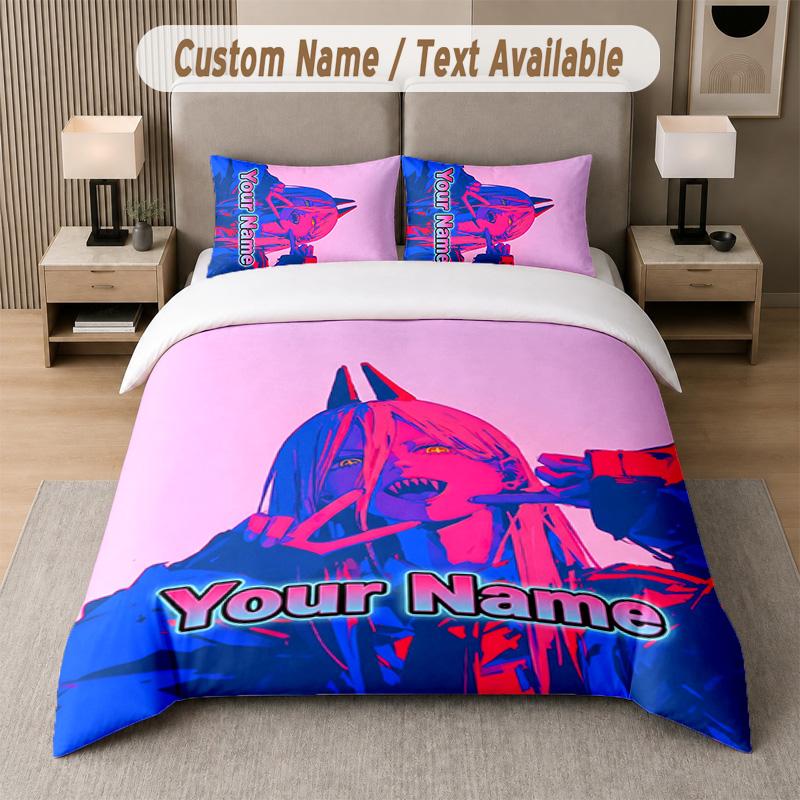 Chainsaw Man 3Pcs Bedding Set, Personalized Custom Name Text, 1 Duvet Cover & 2 Pillowcases For Bedroom