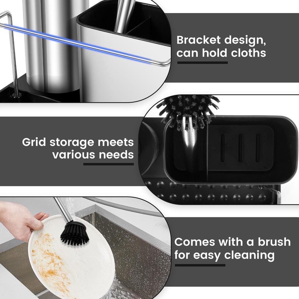 3-in-1 Zeepdispenser Pomp Set met Borstel Spons Houder Handdoekrek Keuken Spoelbak Afwasmiddel Dispenser Schoonmaakgereedschap Opbergruimte