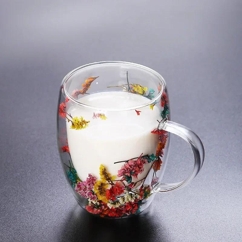Creative Double Wall Glass Cup Real Flower Conch Flash Filler Glass Cups Hand Gifts High Borosilicate Glass Cups with Handles