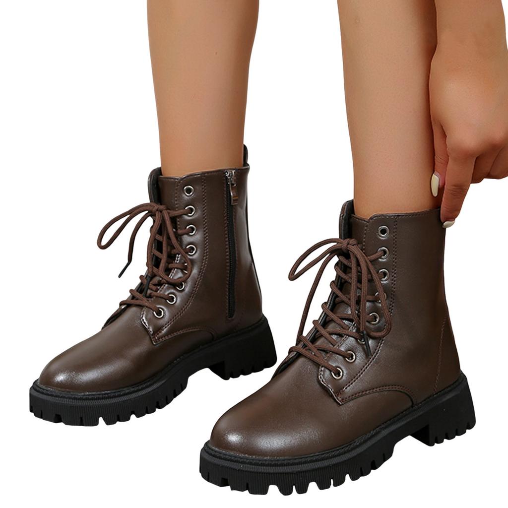 Ladies Fashion Winter Solid Leather Lace Up Thick Heel Side Zipper Short Boots Support Boots for Women