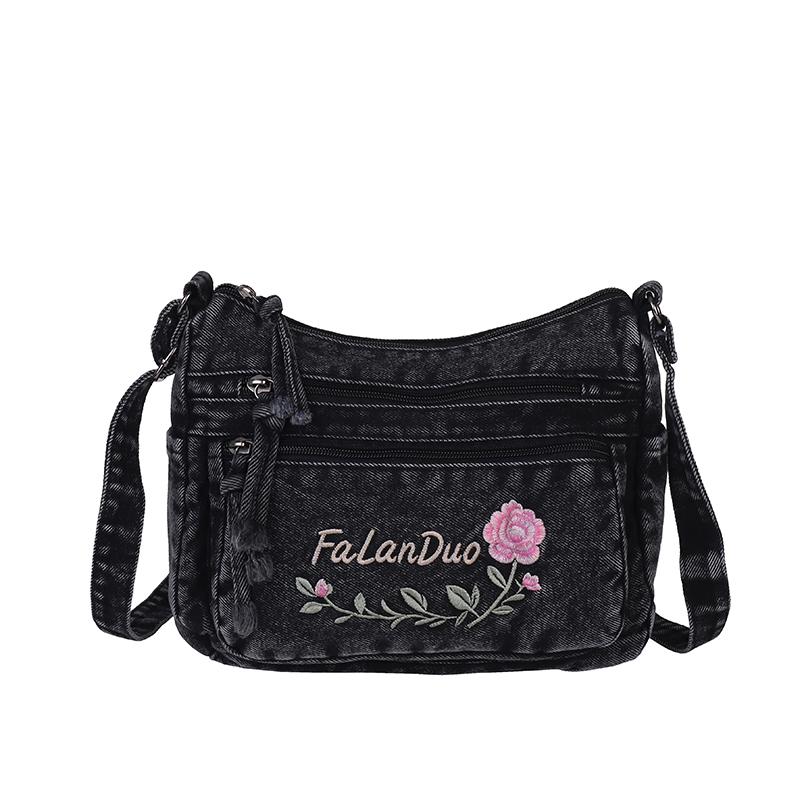 Jeansowa Haftowana Torba na Ramię Damska Torebka Miejska Torba Crossbody