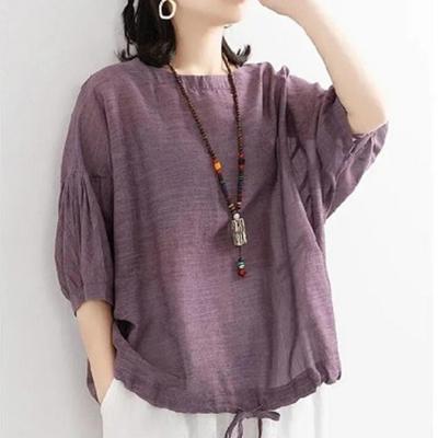 Loose Large Size Casual T-shirt Women's Bat Shirt Hem Drawstring Round Neck Mid-sleeved Pullover Top Summer
