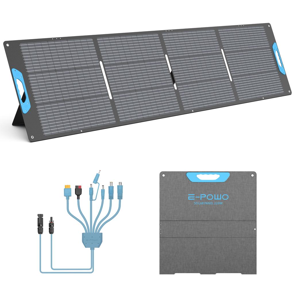 E-POWO Portable Solar Panel 220W ETFE Foldable Solar Charger for Power Station Camping RV Hurricane Phones Full Kit Military-Grade Quality 4