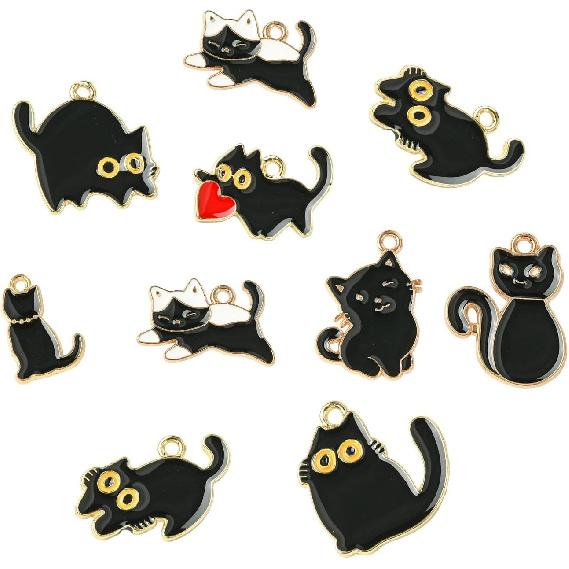 KitBeads 40 szt. 8 stylów Czarne Koty Zawieszki Emaliowane Serca Zwierzęta Urocze Czarne Kociaki Zawieszki do Tworzenia Biżuterii Bransoletki Naszyjniki Rękodzieło Hurt
