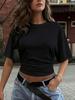 Women Y2k Solid Color Crew Neck Batwing Cinched Waist Loose Short Sleeve T Shirt
