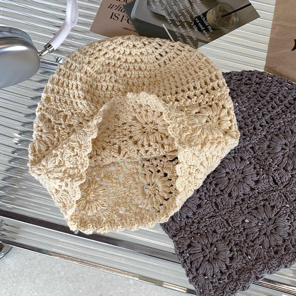 Women's Hollowed Out Knitted Hat Casual Beret Cap Fashion Flowers Breathable Skullies Hat Sun Visor