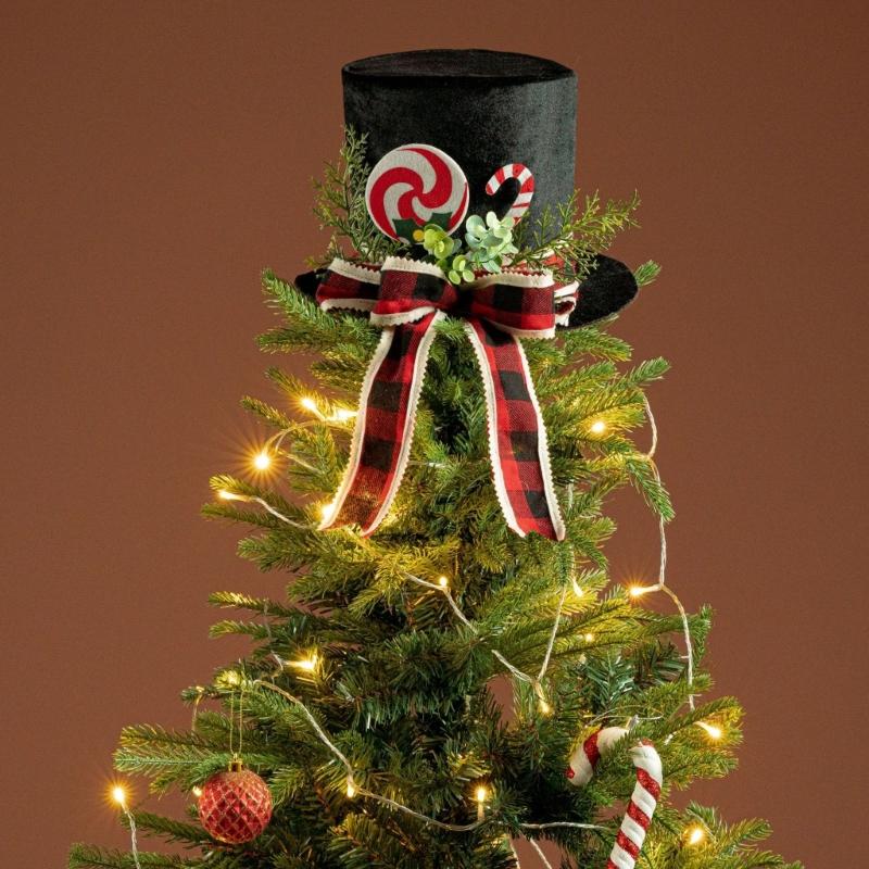 Black Fabric Christmas Tree Toppers With Elegant Bowknot Hat Decoration For Holiday Home Office Decoration