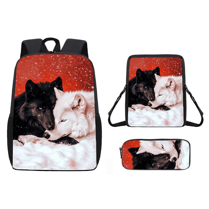 Zaino Stampato con Animale Lupo da 17 Pollici Zaino per Studenti Maschi e Femmine Zaino Scolastico per Bambini Set da Tre Pezzi