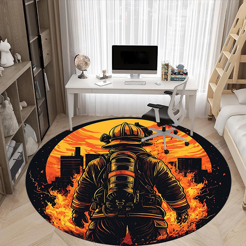 1pc Firefighter Hero Office Round Area Rug,  Mat Suitable ForOffice, Under Office Chairs Bedroom Living Room Home Decor, Room Deco
