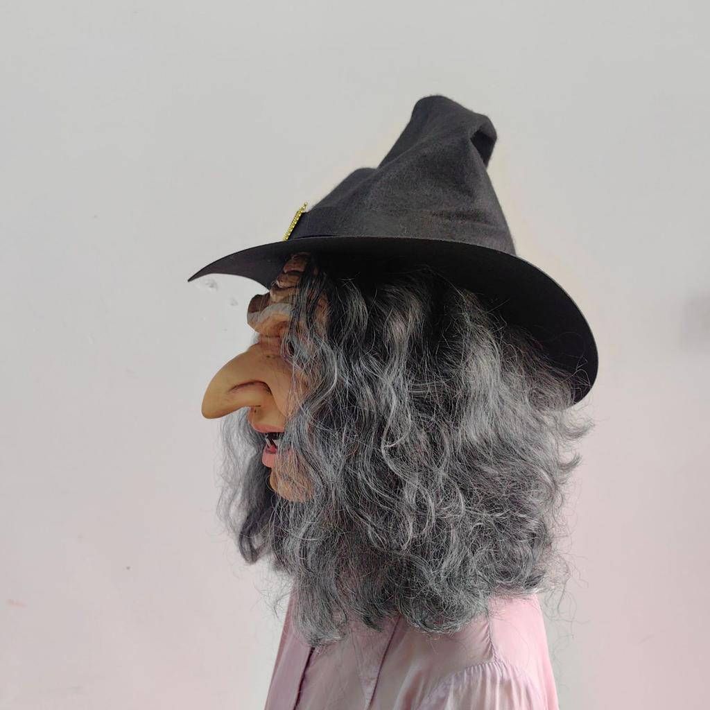 Witch With Hat Mask Cosplay Sorceress Old Nana Grandma Witches Latex Helmet Halloween Carnival Dress Up Party Costume Props
