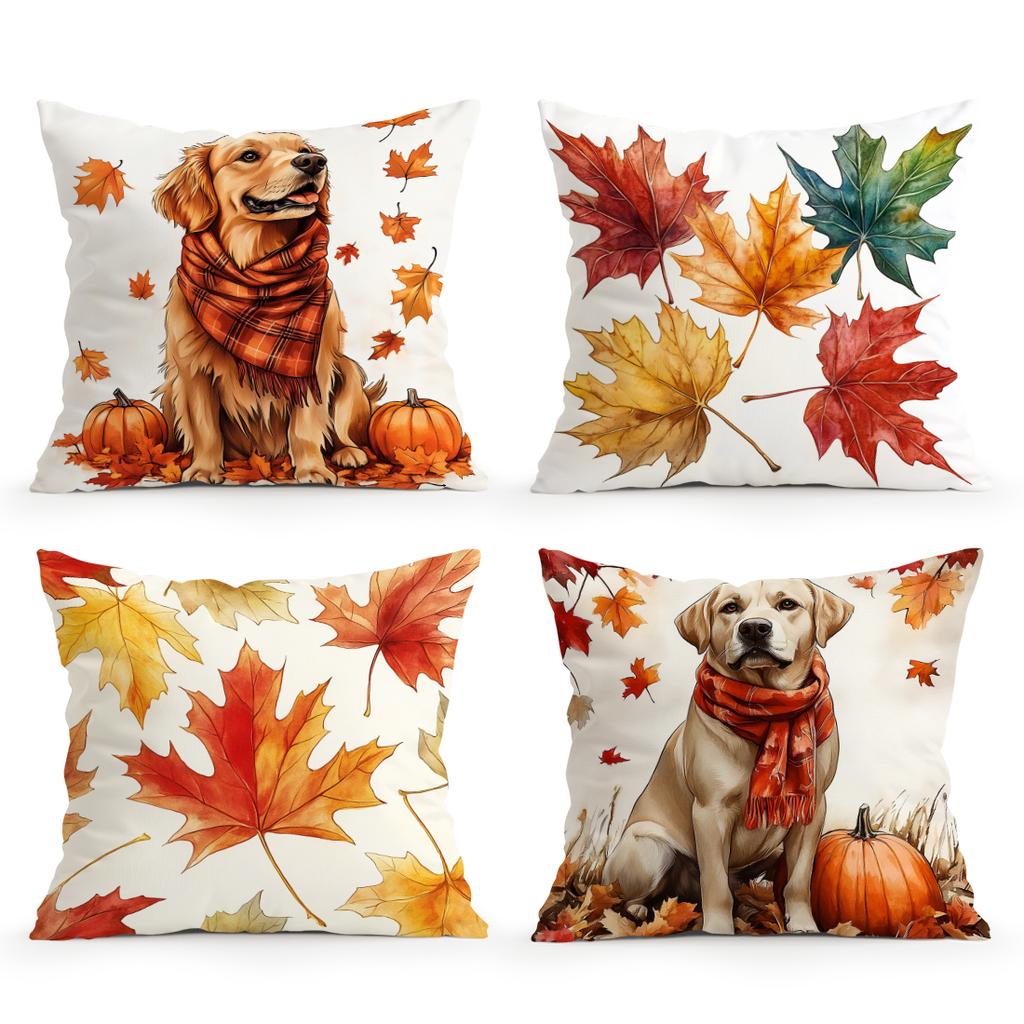 Home Decor Autumn Dog And Maple Leaf Pattern Pillowcase Pattern Cushion Cover Suitable For Sofa Bedroom Car Pillow Cover