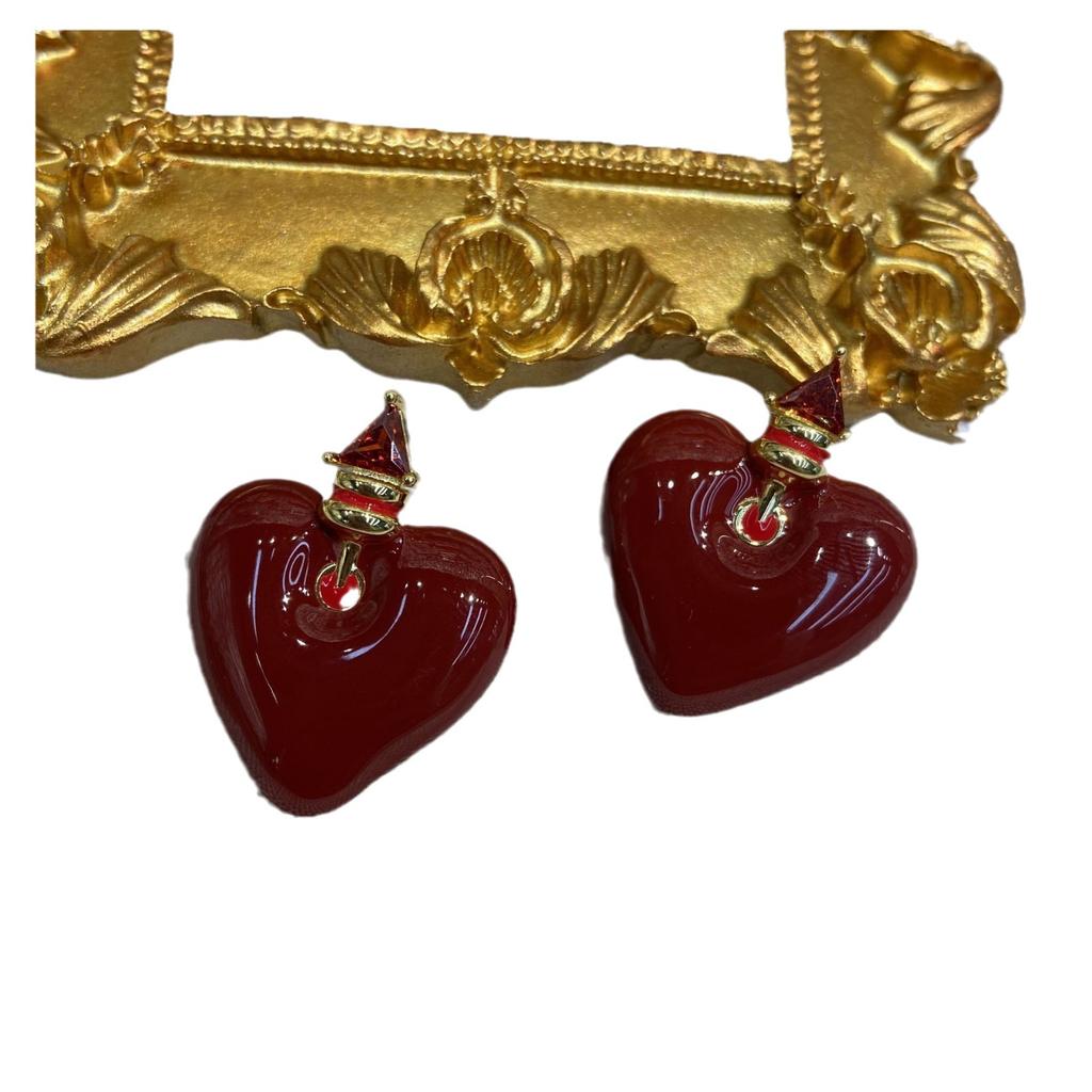 Ankola Red Oil Dripping Love Stud Earrings Women'S Literary Retro Sweet Fashion Personality Temperament Versatile Earrings Earrings