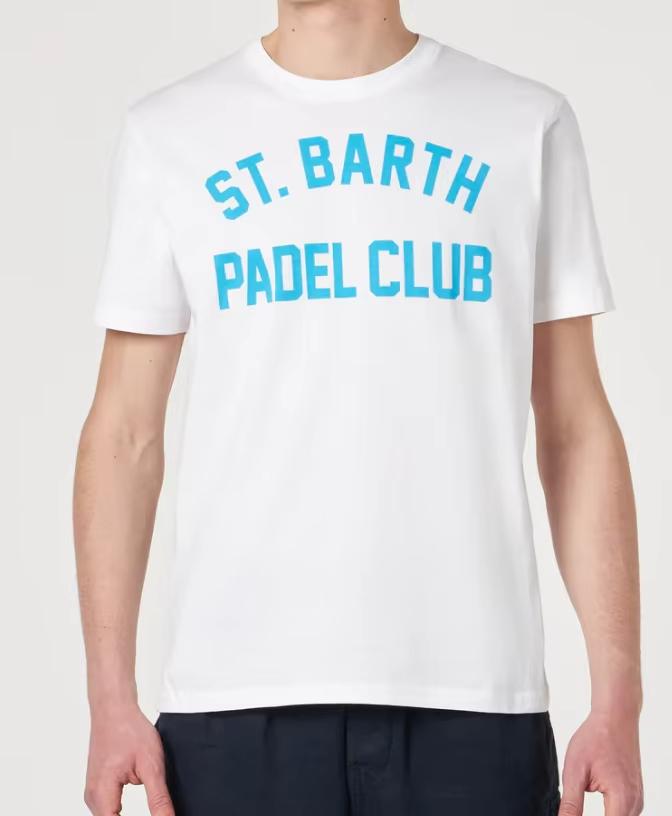 

A White Cotton Tshirt for Men and A Shortsleeved Shirt with The Print of St Barth Padell Club for Both Men and Women Summer S