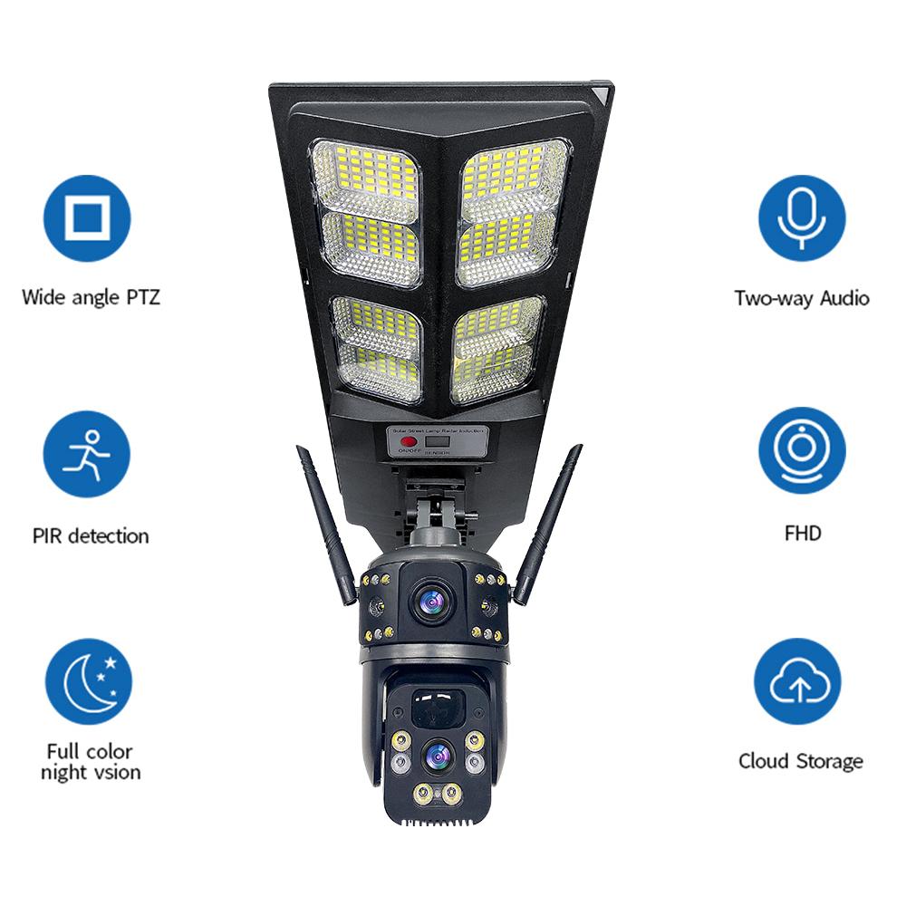 Multi-functional Solar Street Light with PIR Sensor Dual-lens Monitoring, Intelligent Lighting, Wireless WIFI/4G Camera