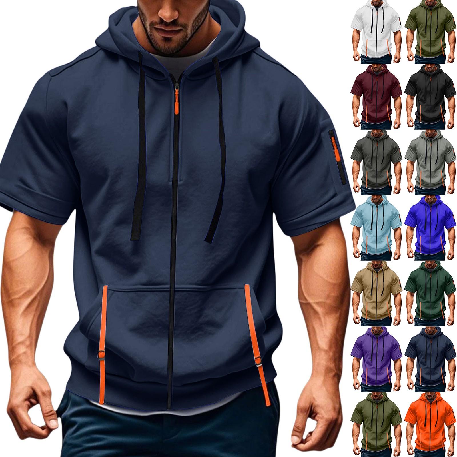 Men s Casual Short-sleeved Sweatshirt Loose And Breathable Solid-color Sweatshirt Jacket With Multiple Pockets And A Zipper L 1529₽