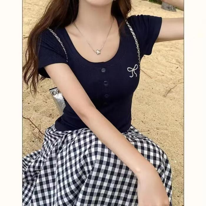 Korean Version of Spice Girl Pure Desire Bow Embroidery V-Neck Bottom Short Sleeve T-Shirt Women's Slim Summer Short Sleeve Top Bottom Shirt