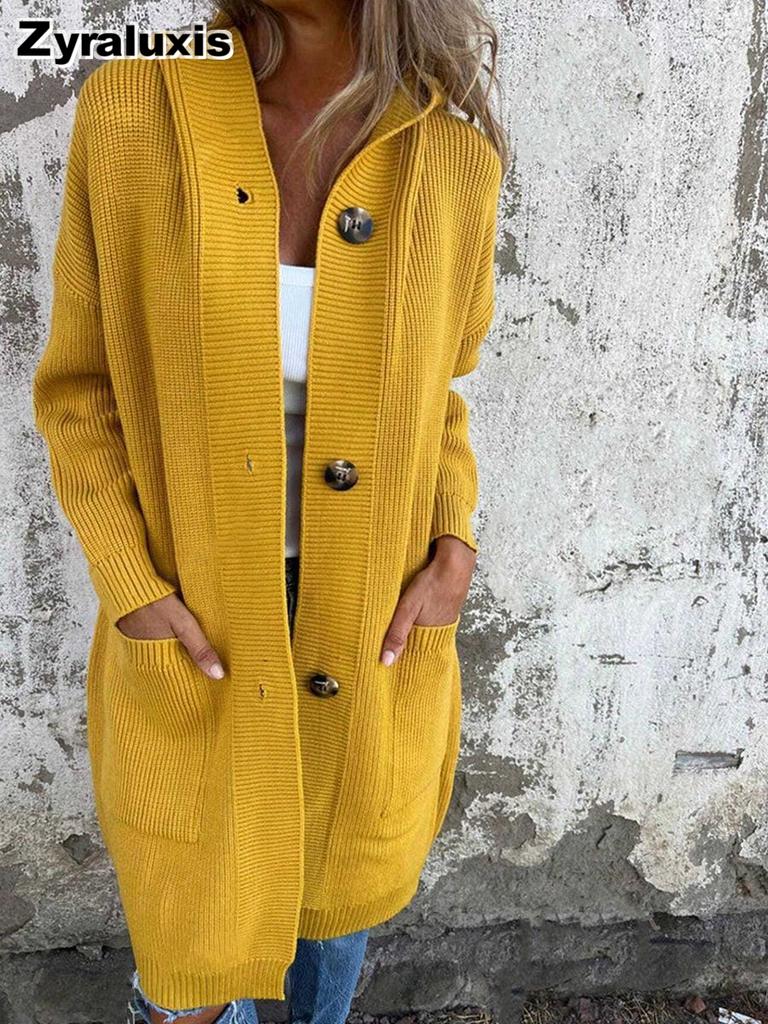 Cardigan in Maglia da Donna Autunno Inverno Manica Lunga con Tasche Abbottonato con Cappuccio Cappotto Maglione per Donne