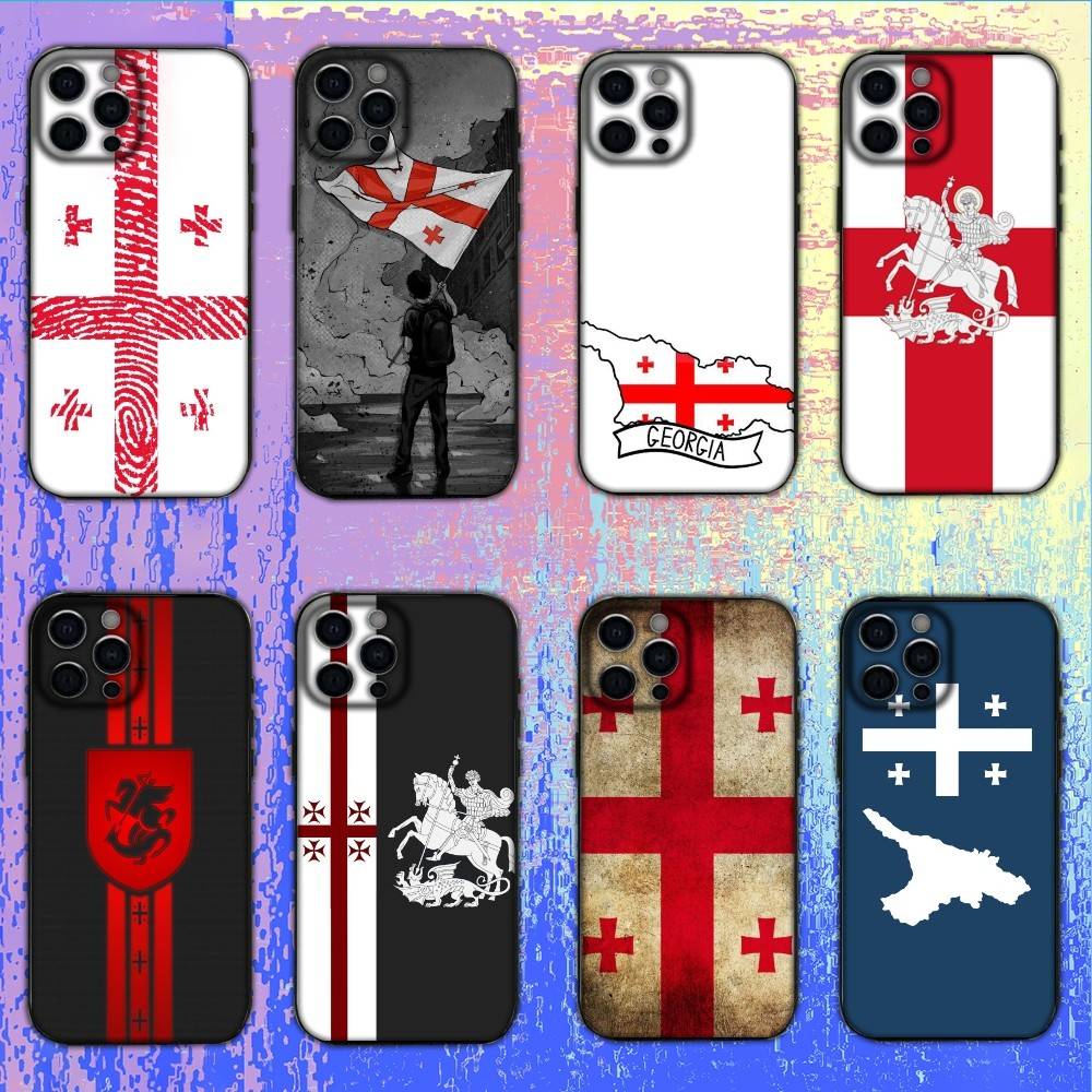 Custodia per Telefono Bandiera della Georgia Per iPhone17,16,15,14,13,12 Plus,Max Copertura Nera in Morbido Silicone