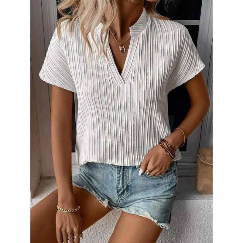 Women's New Summer Top Solid Color V-neck Striped Short-sleeved Casual T-shirt Shirt