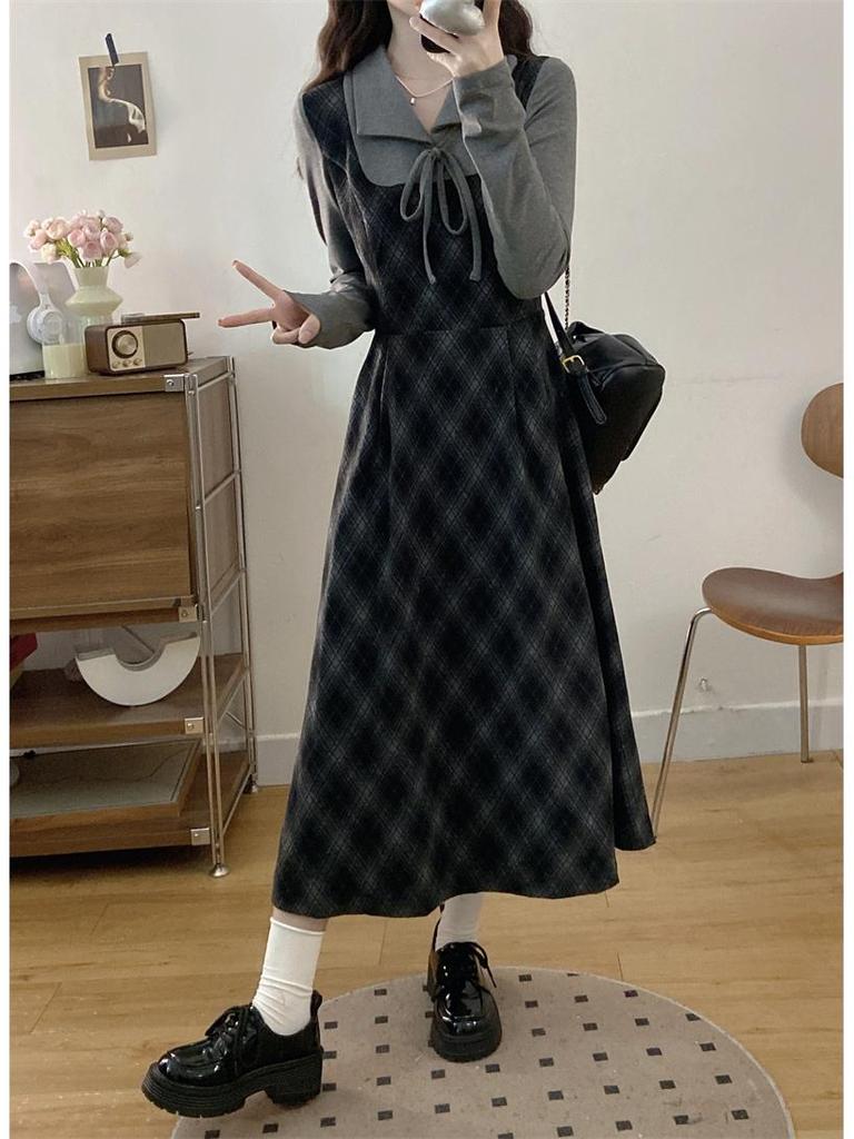 Plus Size Plaid Two-Piece Look Dress - Spring 2026 Slimming Long-Sleeved Waist-Cinched Skirt for Women