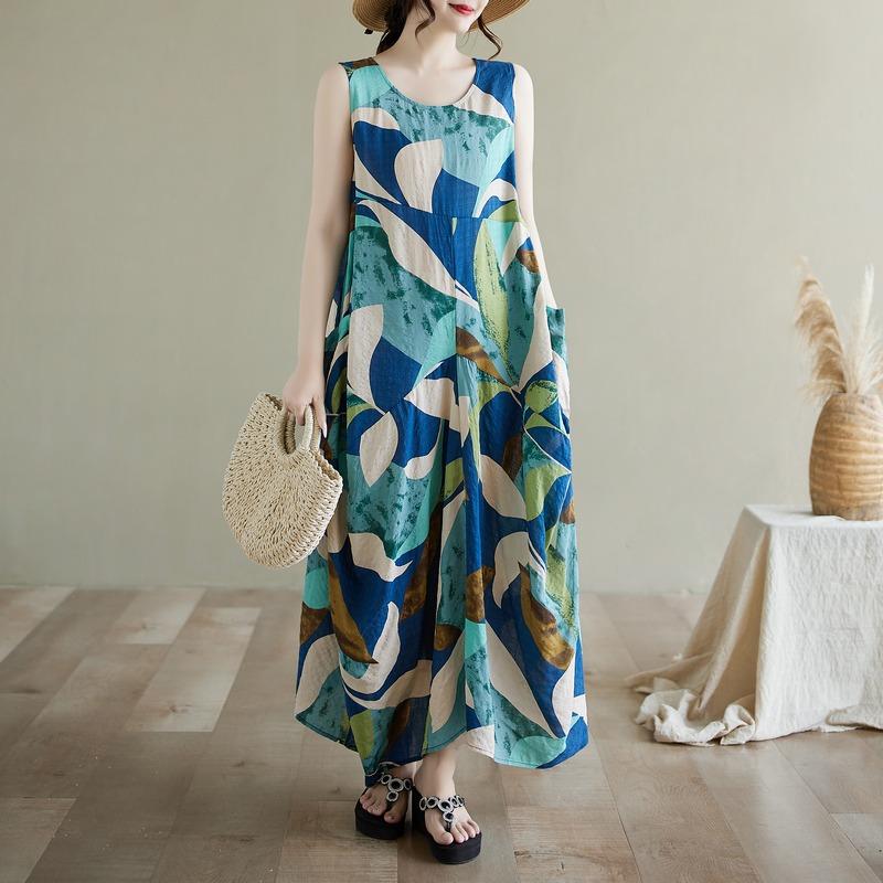 

Dimanaf 2025 Лето Женщин Плюс Размер Свободное Винтажное Платье Базовое Без Рукавов Повседневное Длинное Платье Новое Оверсайз XL синий