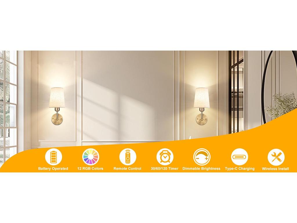 Wireless Battery-Powered RGB Wall Lamp for Hotel or Bedroom with Remote Control