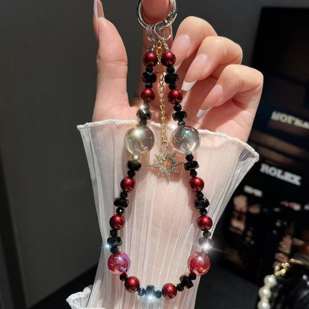 High-end Pearl Mobile Phone Pendant Chain Glitter Round Beads Hand-strung Beads Crystal Star Car Keychain Pendant Bracelet