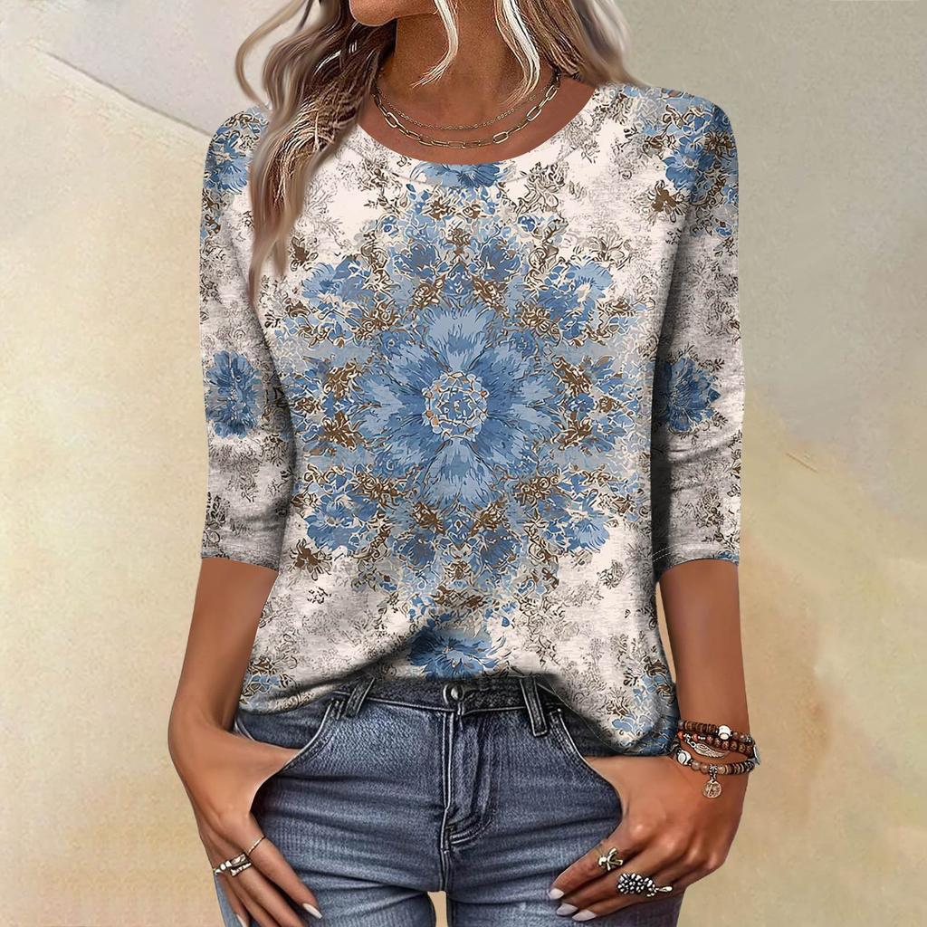 Trendy Vintage 3/4 Sleeve Top For Women,Ladies Casual Three Quarter Sleeve Round Collar Printed T-Shirt Blouse