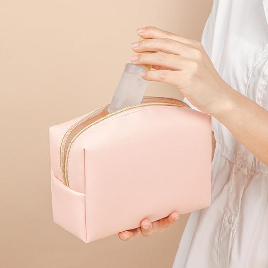 Portable Makeup Bag Faux Leather Cosmetic Bag Waterproof Solid Color Toiletry Organizer for Daily Use Travel Business Trip