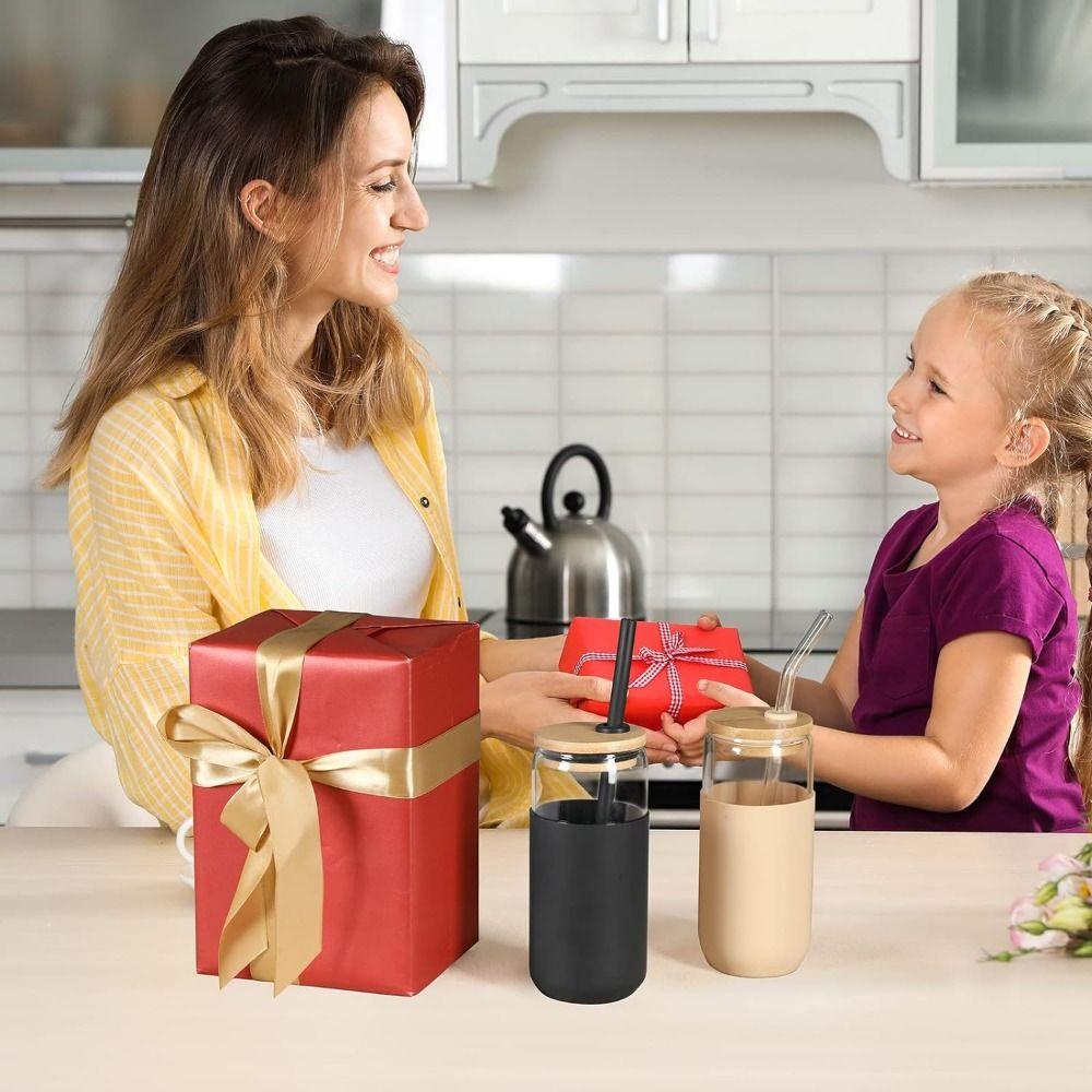 Silicone Glass Cup With Lid and Straw withProtective Sleeve Iced Coffee Glasses  Smoothie
