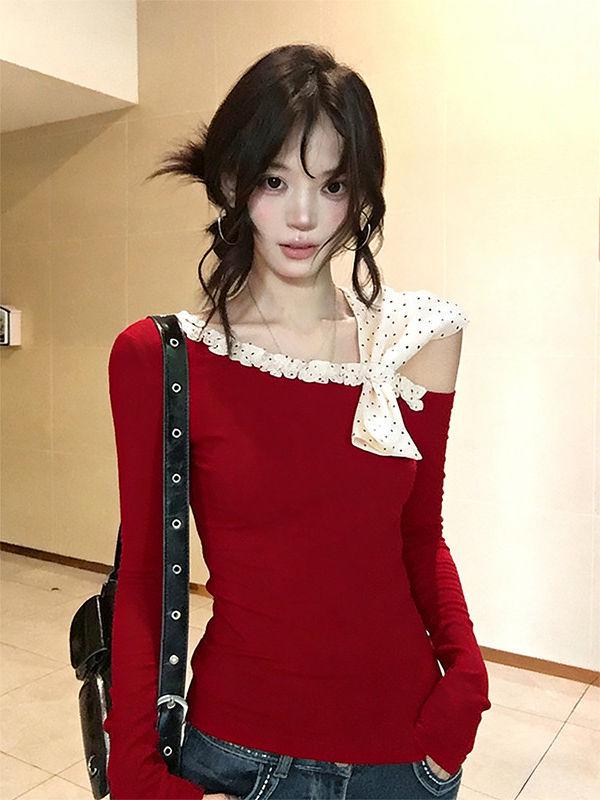 Women s Red Polka Dot Off-Shoulder Lace Collar Cold Shoulder Top with Bow Tie Straps Small красный