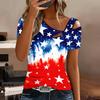 T-shirt d'été décontracté pour femme avec imprimé Stars and Stripes, épaules dénudées, manches courtes, décolleté découpé irrégulier