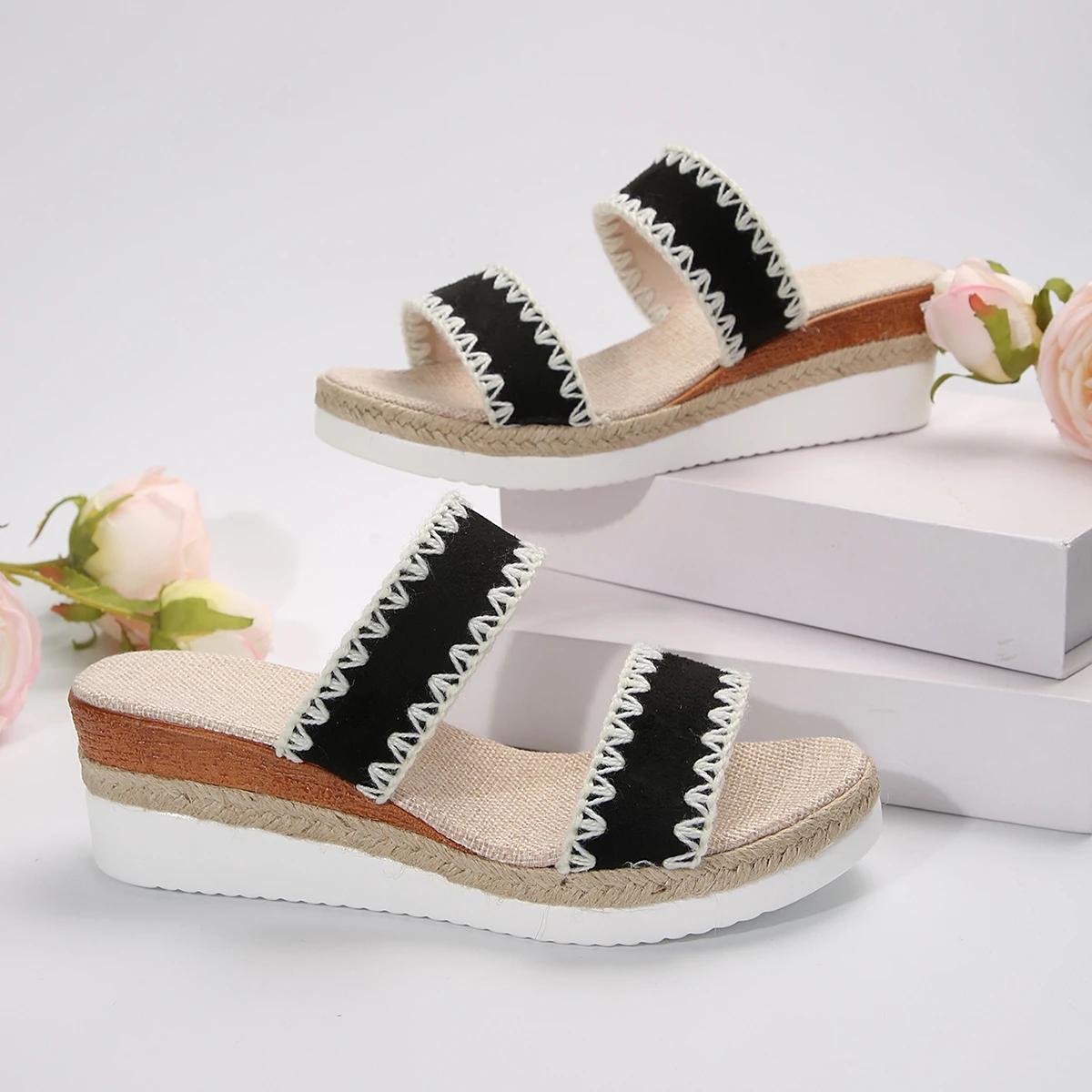 

Женские тапочки на танкетке с плетением, новые летние бохо-модные пляжные повседневные сандалии на платформе, шлепанцы Mujer Slides 42 чёрный